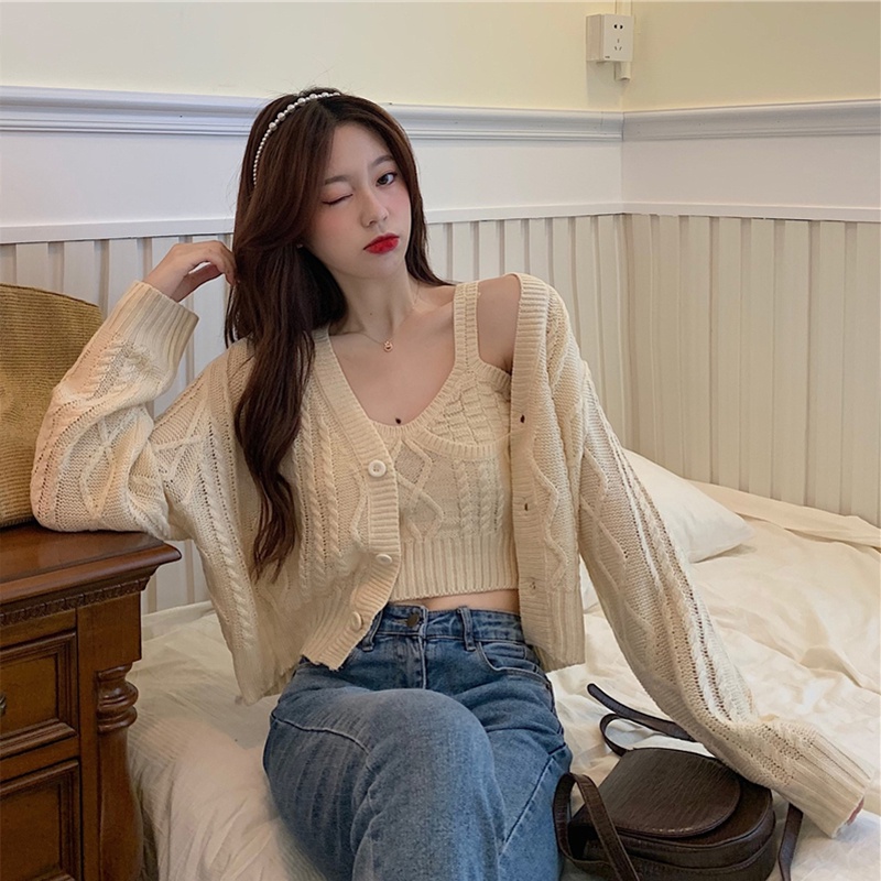 Set áo khoác len cardigan kèm áo 2 dây len cổ V cadigan vặn thừng kiểu dáng croptop phong cách Hàn Quốc C-10