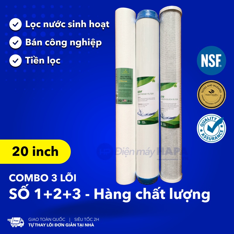 Lõi Lọc Nước 20 inch Số 1 2 3 PP OCB-GAC-UDF CTO Đầu Nguồn, Lọc Thô, Bán Công Nghiệp Sunhouse, Karofi, Kangaroo, Aqua...