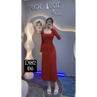 Đầm midi dáng dài cổ vuông tay dài chất len tăm co giãn D182 Ngọc Lucie Store