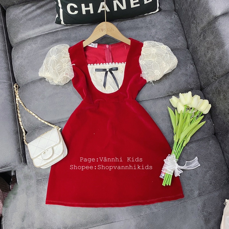 Váy Nhung Phối Zen Tiểu Thư Đinh Ngọc Cho Bé 16kg-41kg