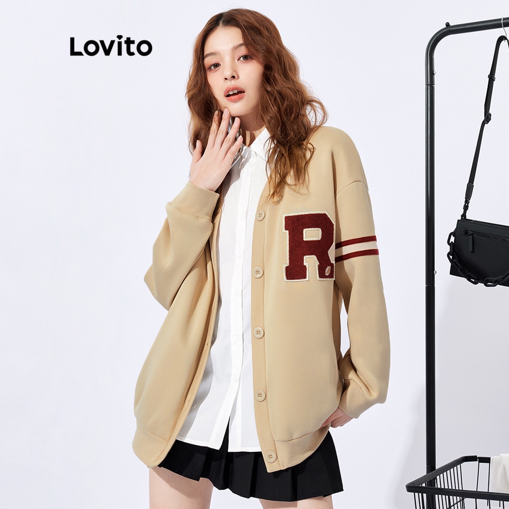 Áo khoác Lovito phong cách châu Mỹ retro dáng rộng họa tiết chữ thường ngày unisex L32FW027 (màu khaki nhạt)