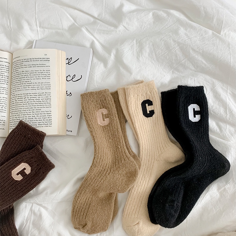 C Đôi Vớ Dày Ấm Áp Mùa Xuân Thu In Chữ Cái net red hot Phong Cách ruiyan MM