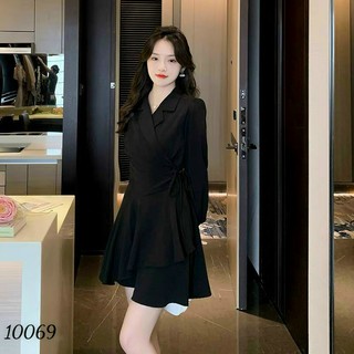 Đầm trung niên cho mẹ sang trọng cổ vest tay dài dáng xòe phong cách Hàn Quốc
