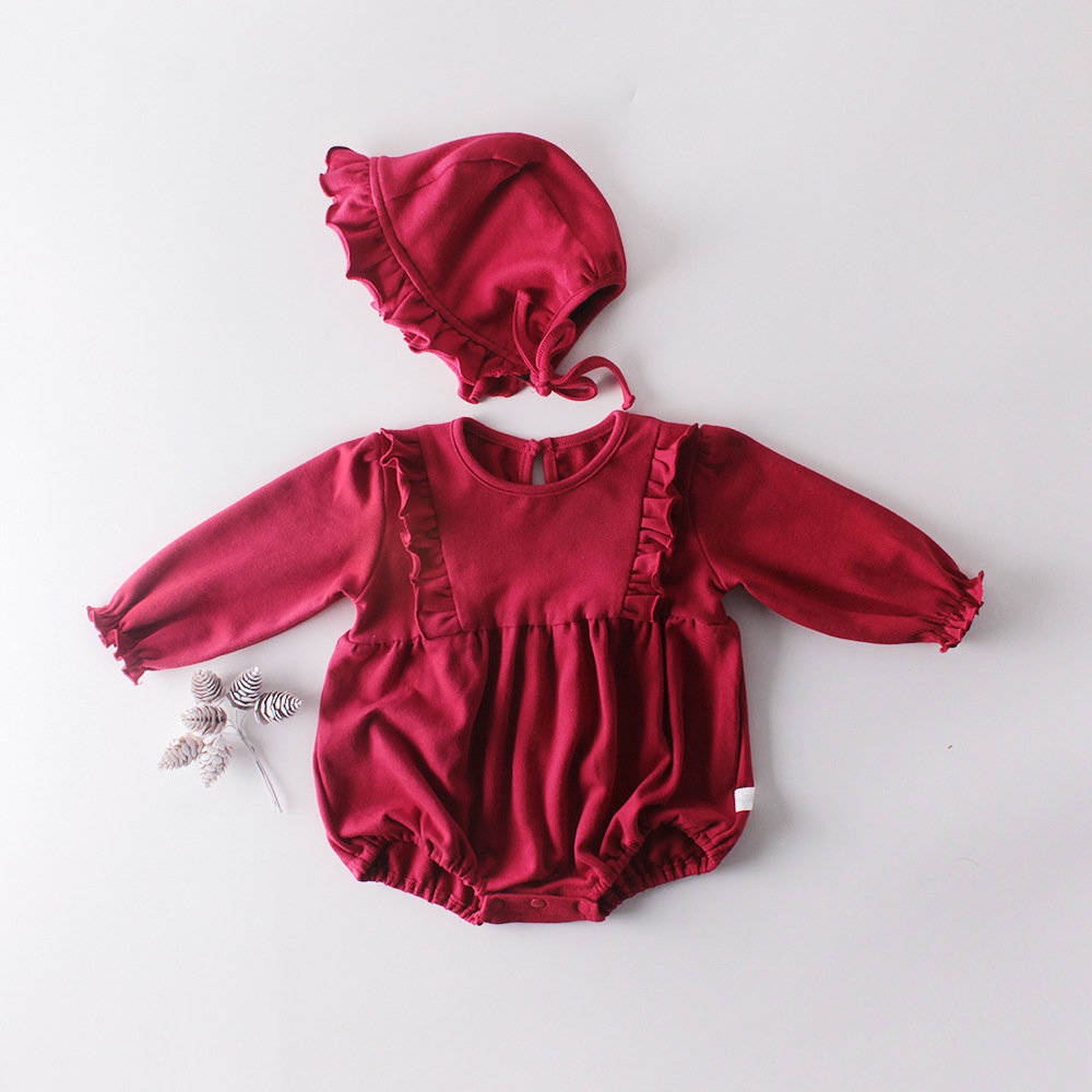 Set áo liền quần và mũ BCBL tay dài màu đỏ thời trang mùa xuân 2023 xinh xắn dành cho bé gái