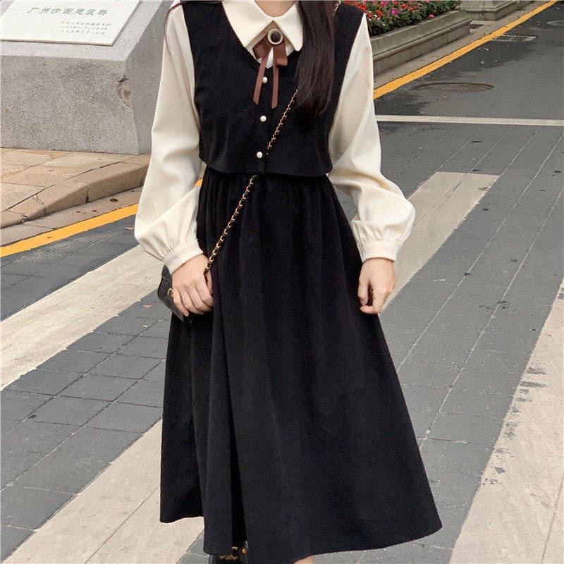 🎀váy babydoll dáng dài váy mùa đông cho nữ váy dài Đầm Giả Hai Mảnh Dáng Dài Phối Nơ Phong Cách Pháp Cổ Điển Mẫu Mới 2022