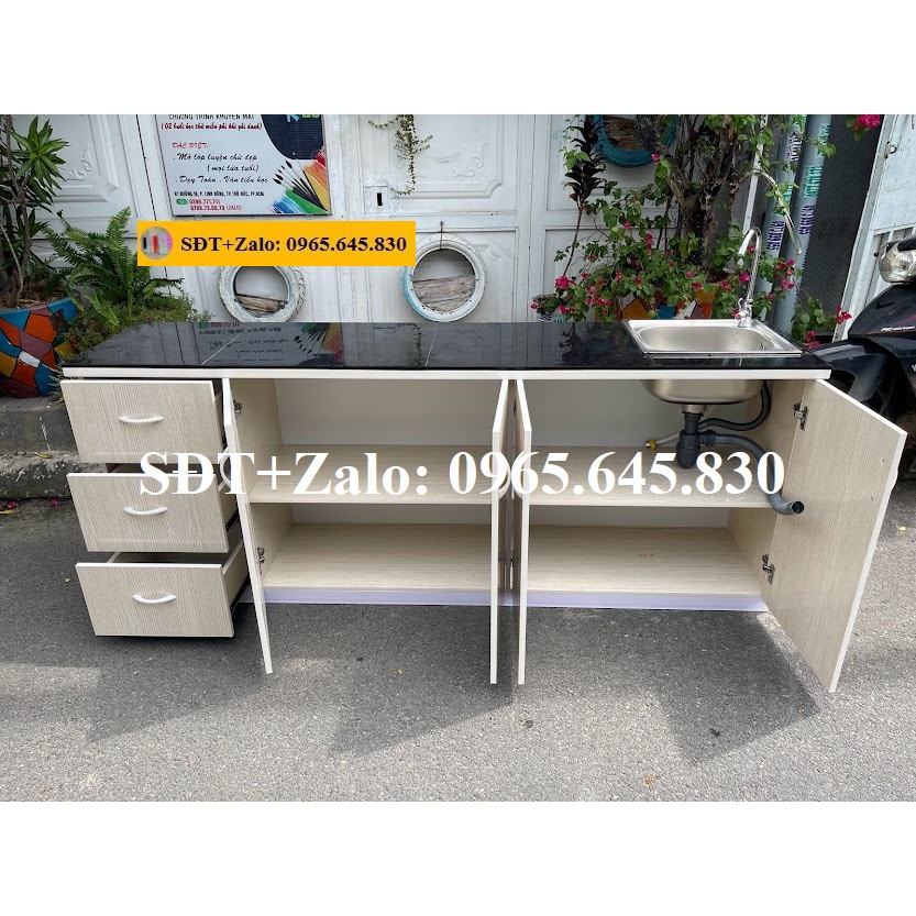 Tủ Bếp Nhựa Đài Loan Cao 81cm Ngang 2m02 Sâu 42cm Bồn Đơn Màu Gỗ Sồi TB002