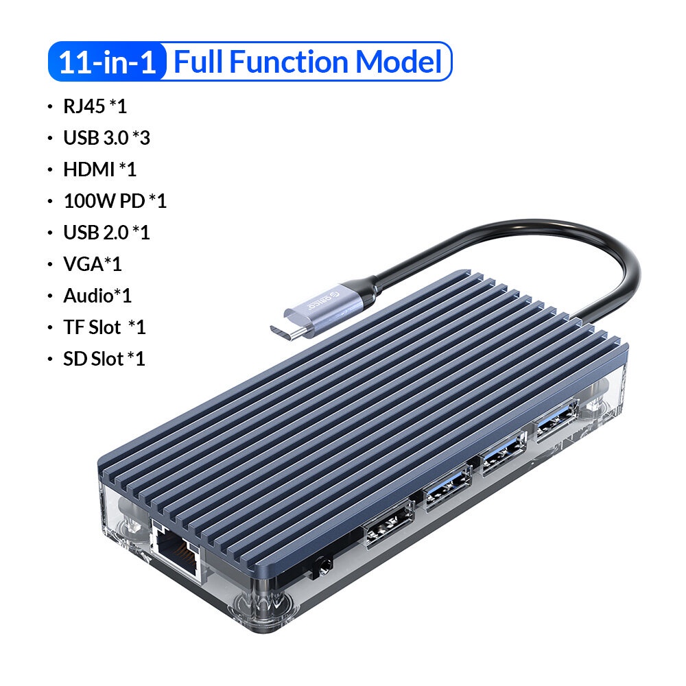 Hub chuyển đổi USB Type C 11 in 1 HDMI VGA RJ45 Audio Cao Cấp Orico 11 trong 1