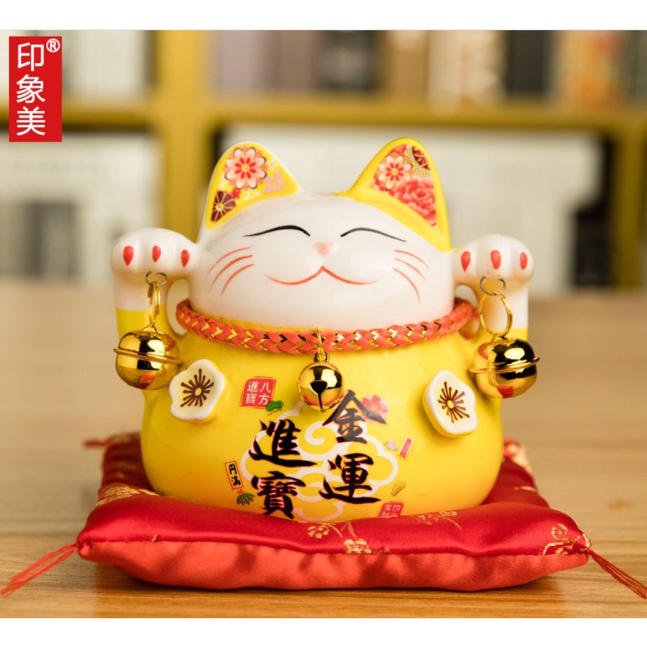 Mèo Thần Tài May Mắn - Kim Vận Phát Tài cao 10cm (Vàng - Đỏ)
