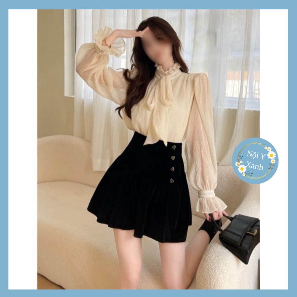 Chân váy nữ xòe nhung kèm theo khuy con tim hotrend xa hoa CV82 Nội Y Xanh hot trend thu đông ấm áp