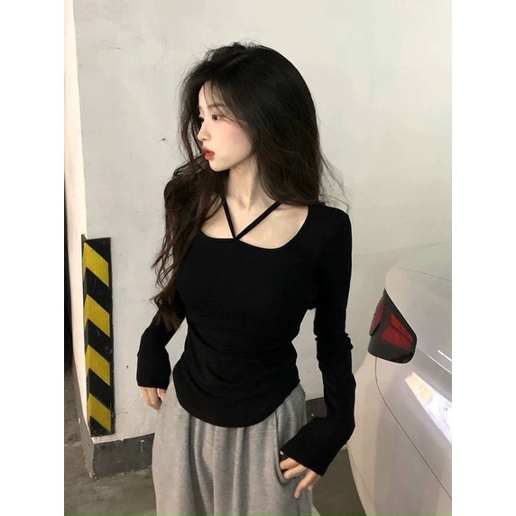 Áo thun dài tay cổ dây chéo kiểu hot girl ulzzang