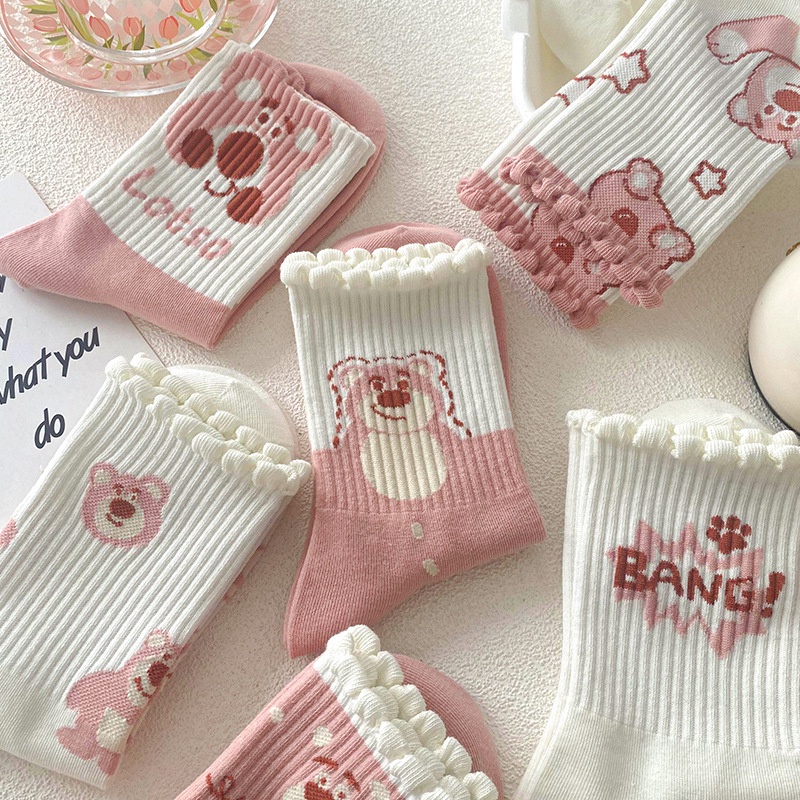Vớ Thu Đông Màu Hồng In Hình Gấu Dễ Thương Phong Cách Hàn Quốc Cho Nữ