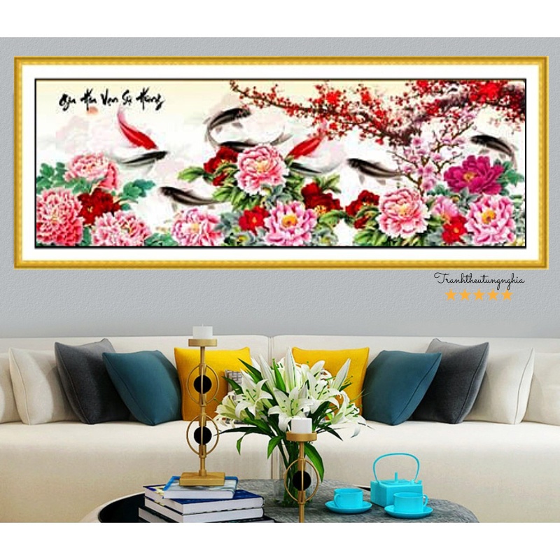 Tranh thêu chữ thập cá gia hòa vạn sự hưng 1m36 x 53cm