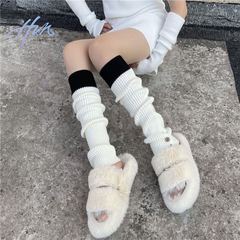 Tất Dệt Kim Cao Cổ Đính Nút Màu Sắc Tương Phản Phong Cách Mỹ y2k Cho Nữ