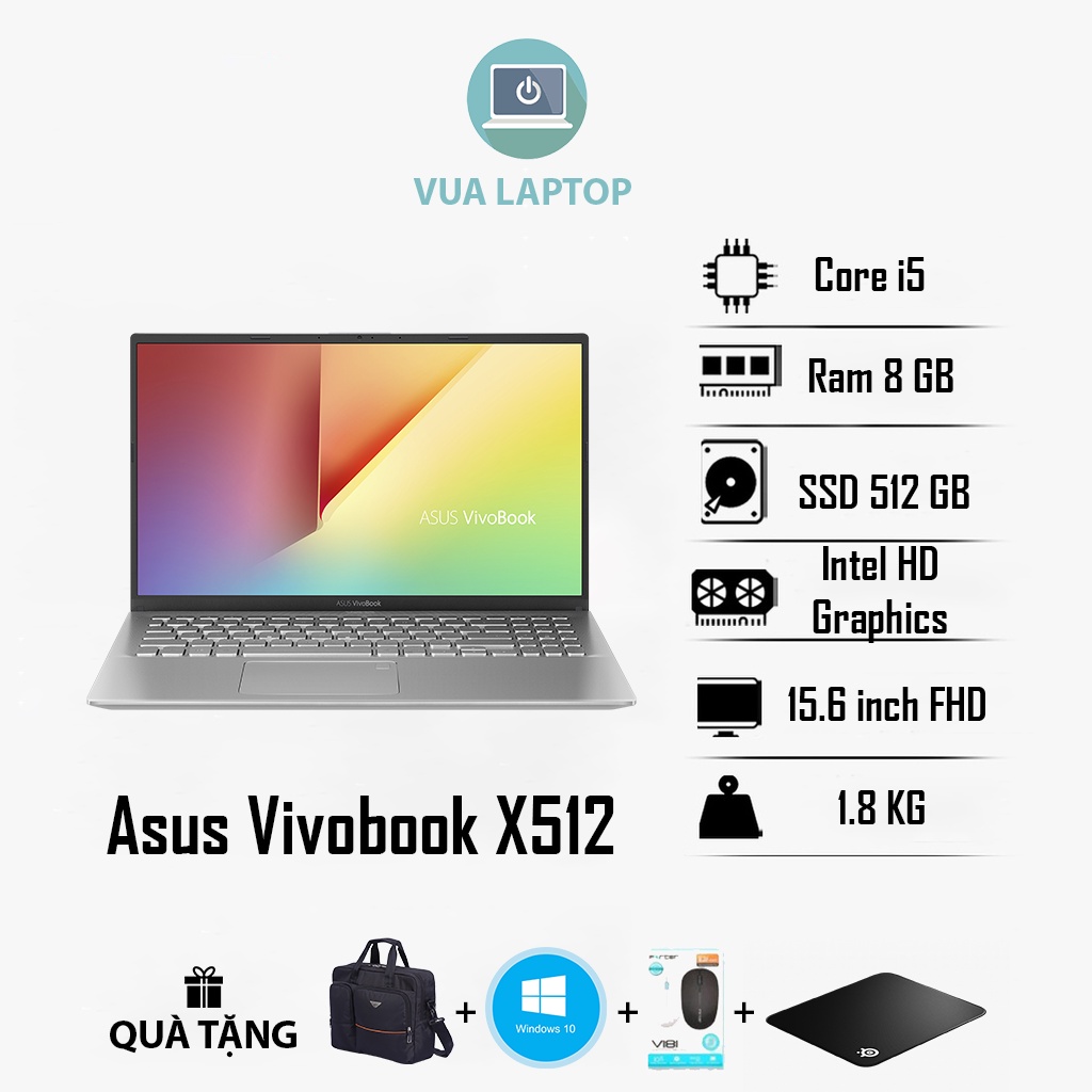 Laptop Mỏng Nhẹ Asus X512, Core i5 thế hệ 10, Ram 8GB, SSD siêu mượt, Màn hình 15 inch Full HD, Phím số cao cấp