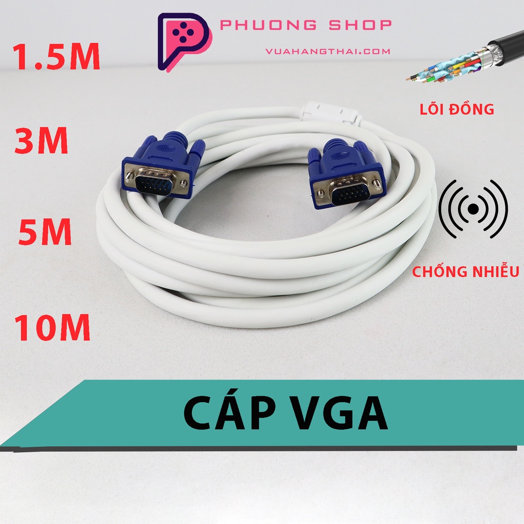 Dây Cáp VGA 1.5m, 3m, 5m, 10m - chuẩn VGA 3+4, lõi đồng chống nhiễu chất lượng cao, cáp 2 đầu VGA đực