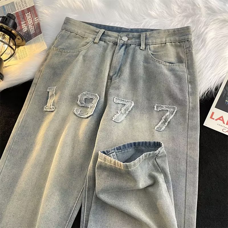 Quần Jeans Dài Ống Rộng Thêu Chữ 1977 Phong Cách Đường Phố Mỹ Size S-3XL Thời Trang Thu Đông Cho Nam