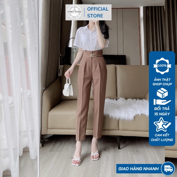 Quần tây nữ lưng cao ANMY dáng baggy cạp cao siêu tôn dáng ống đứng chuẩn đẹp khóa trước đen trắng nâu Q579