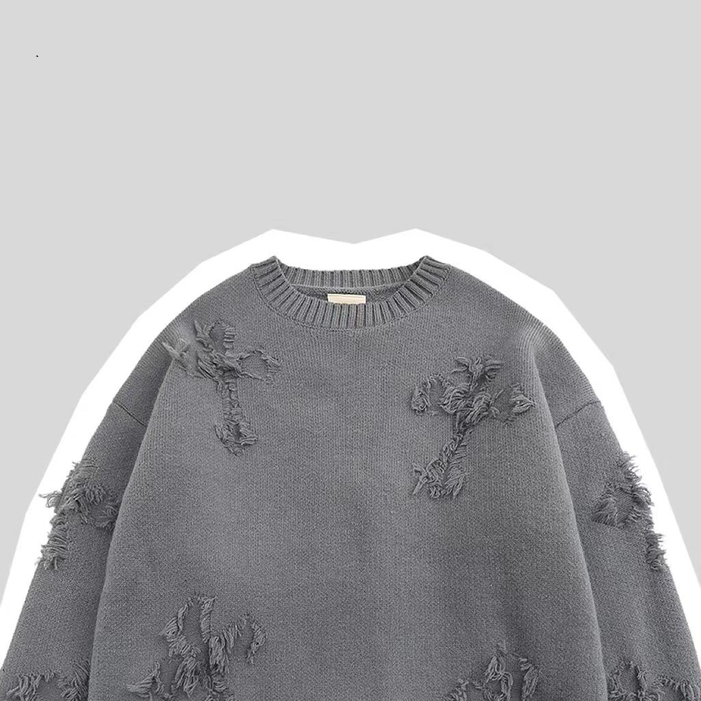 IMaodou Áo khoác sweater iMaodou cổ tròn dáng rộng thiết kế rách thời trang thu đông cho nam giới