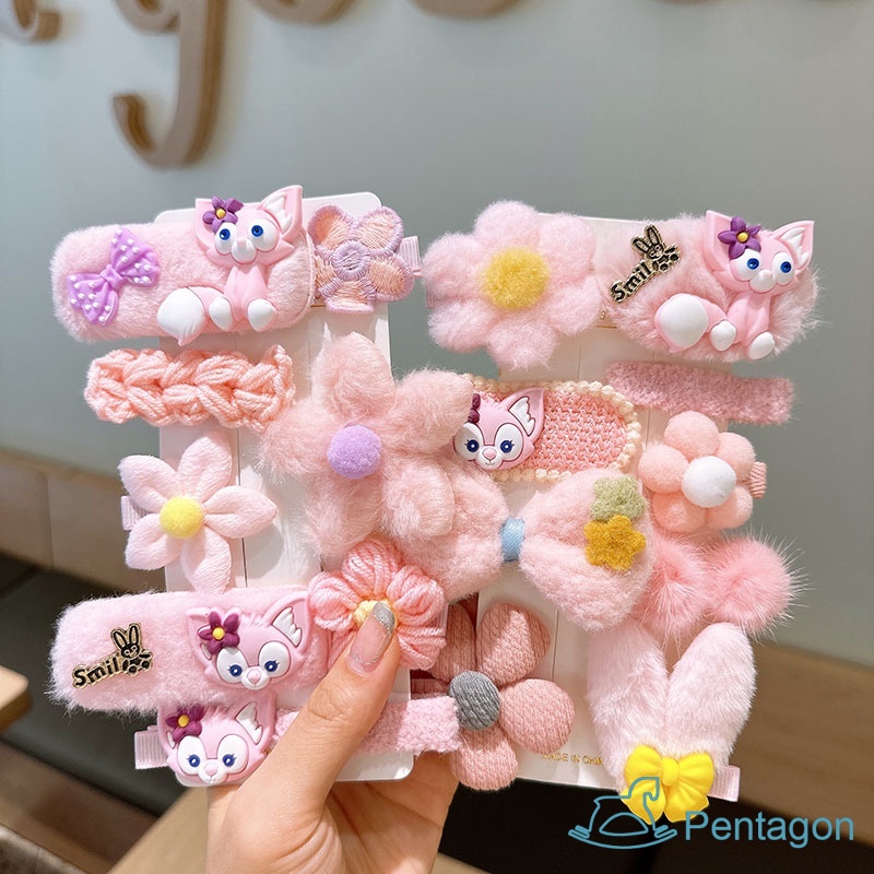 Set 10 Kẹp Tóc Vải Lông Đính Nơ Hoa Dễ Thương Cho Bé Gái