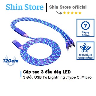 Cáp sạc nhanh 3 đầu 1m2, dây sạc led phát sáng type c, micro, light -shinstore