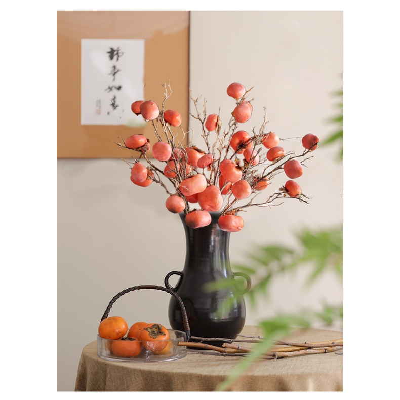 Cành quả hồng giả chất liệu cao cấp 6 quả màu sắc tự nhiên trang trí phòng ngủ phòng khách quán cafe nhà hàng