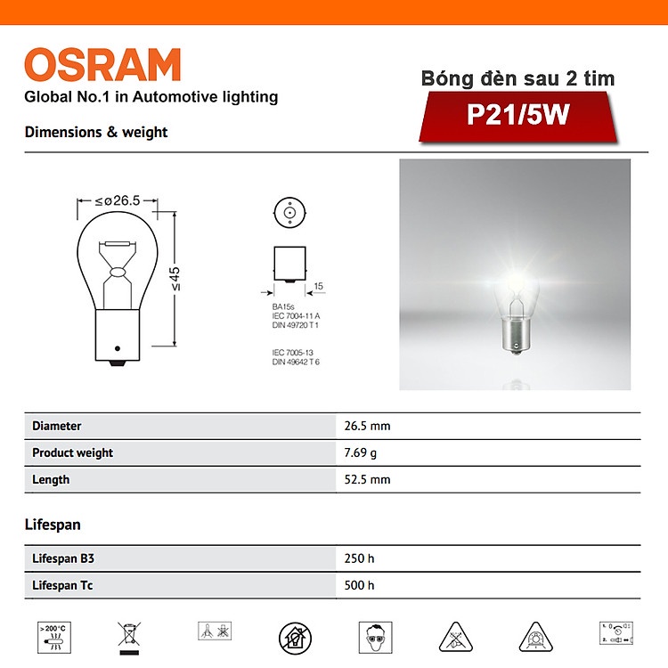 Bóng đèn hậu OSRAM 1 tóc P21W 12V 21W / 2 tóc P21/5w 21/5w