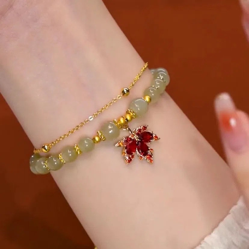 Hàng Có Sẵn Vòng Tay Hai Lớp Lá Phong Màu Đỏ Mã Não Sang Trọng Phong Cách Trung Hoa Cho Nữ