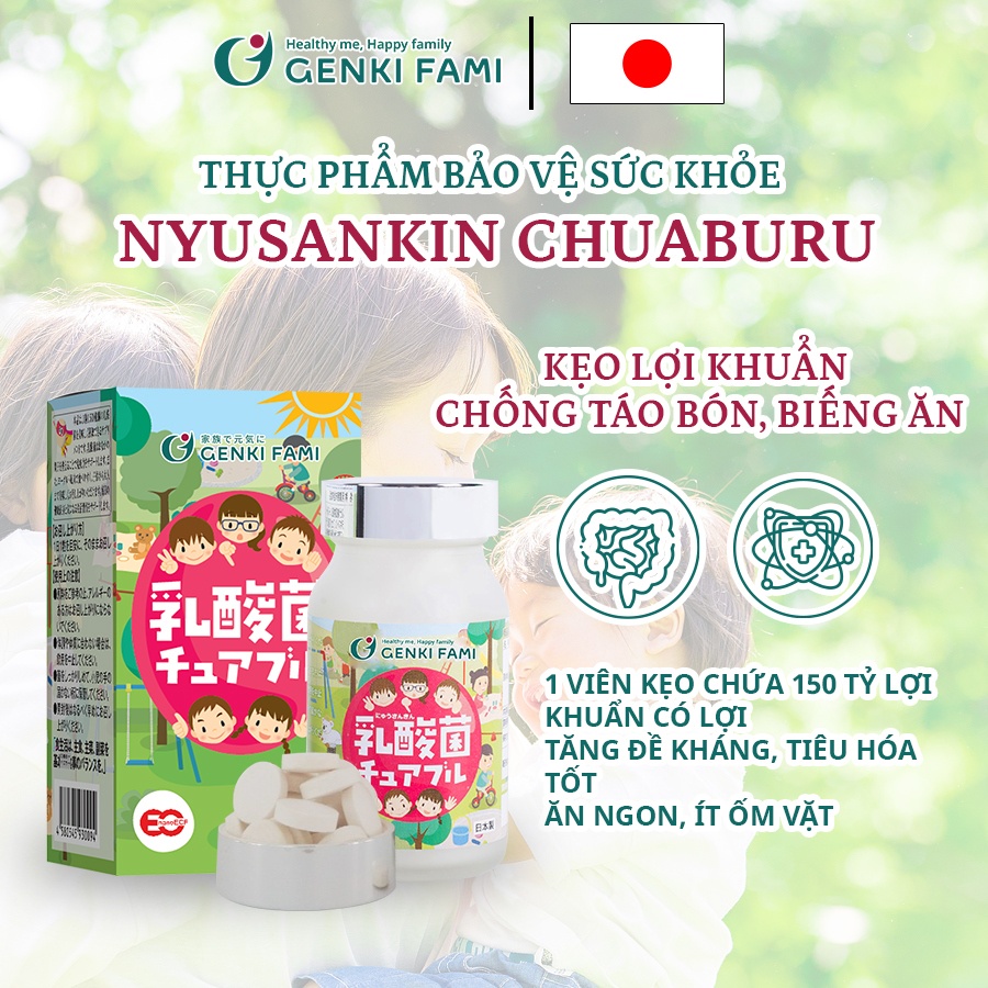 Kẹo lợi khuẩn chống táo bón biếng ăn Nyusankin Genki Fami Nhật Bản hộp 30 viên