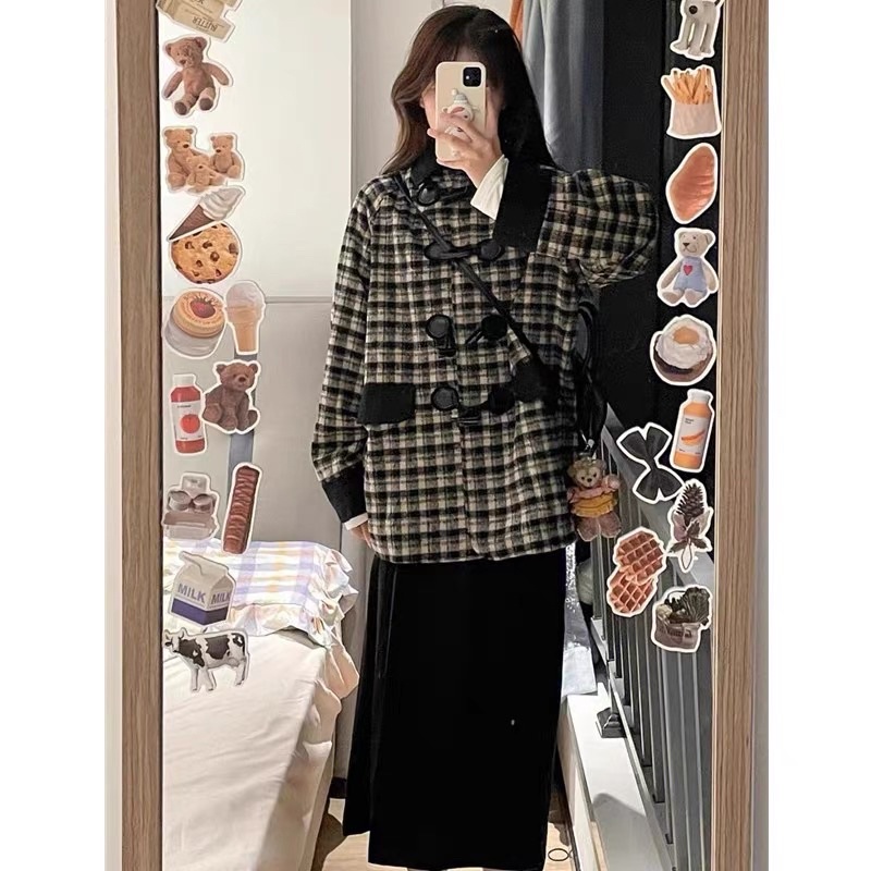 Áo khoác dạ kẻ caro khuy sừng ullzang Hàn Quốc dạ tweed thu đông Nhungkudo
