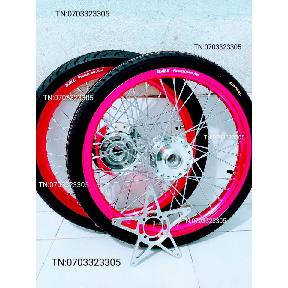 CẶP BÁNH CĂM RAIDER SATRIA NIỀN NHÔM DALE. BAN ZAI .SOLUTE .SH THÁI HỒNG .KÈM VỎ CAMEL THÁI 50.60 VỚI LÒNG NGÔI SAO .