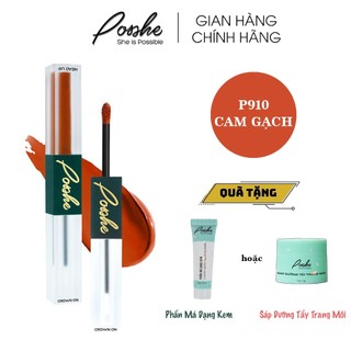 Son kem 2 đầu posshe siêu lì không trôi màu p910: cam gạch - mua 2 cây tặng kem má hồng + son dưỡng và sáp tẩy