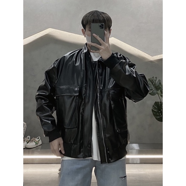 ÁO KHOÁC BOMBER FULL DA 2 MÀU ĐEN NÂU UNISEX NAM VÀ NỮ