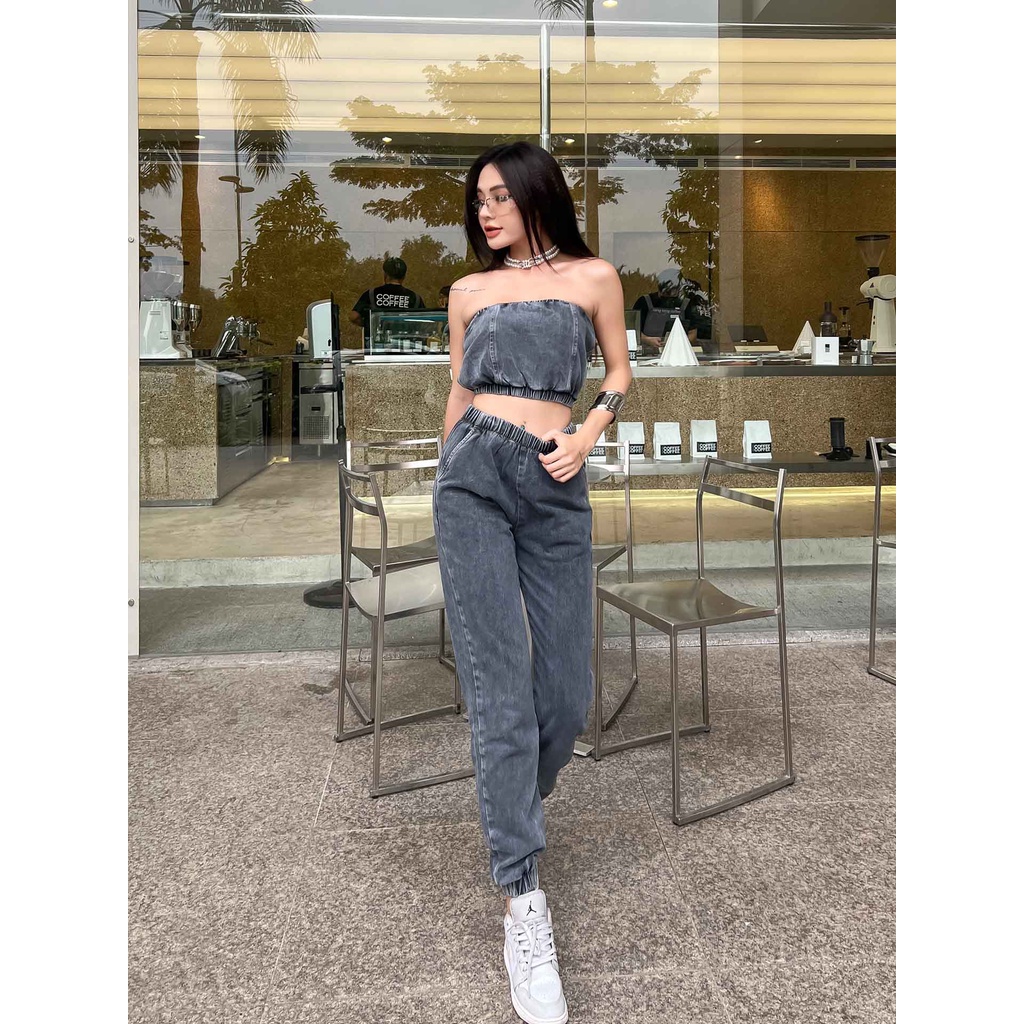 Set Nữ Jogger Denim Tube , Chất Jean Thoải Mái , WSB013-01 ,SOMEHOW