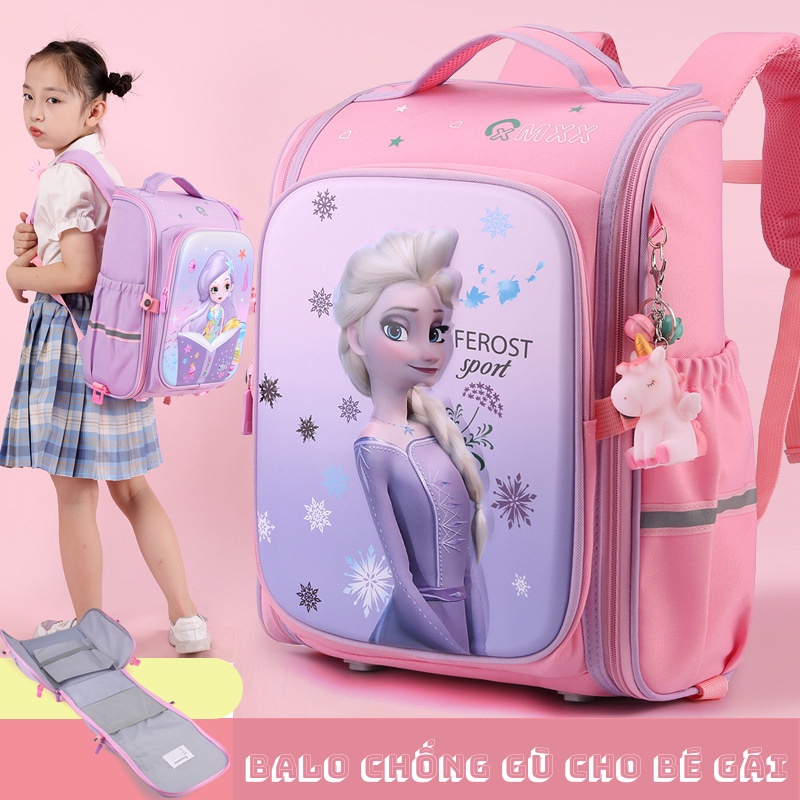 Cặp sách chống gù, balo trẻ em cho bé gái đi học tiểu học lớp 1 2 3 họa tiết 3D Kitty Công chúa Elsa ZG Boutique