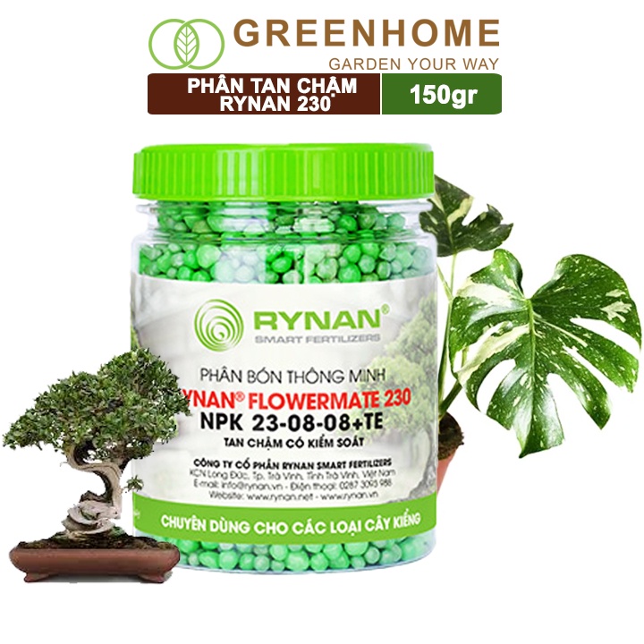 Phân tan chậm Greenhome, rynan 230, chai 150gr, chuyên kiểng lá, dưỡng lá xanh, sinh trưởng khoẻ