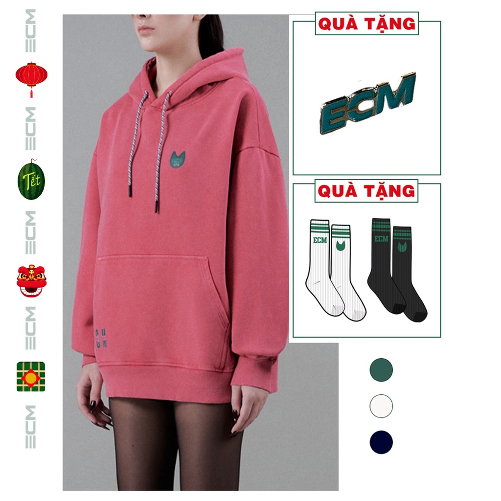 Áo hoodie ECM form rộng oversize chất cotton hình mèo sau lưng Elcarim EAUN-HD002-W2