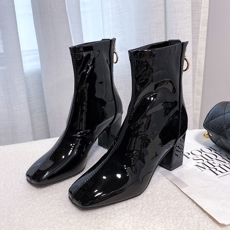 Giày Bốt Martin Da Bóng Gót Dày Mũi Vuông Phối Khóa Kéo Sau Kiểu Hàn Quốc Thời Trang Cho Bạn Gái