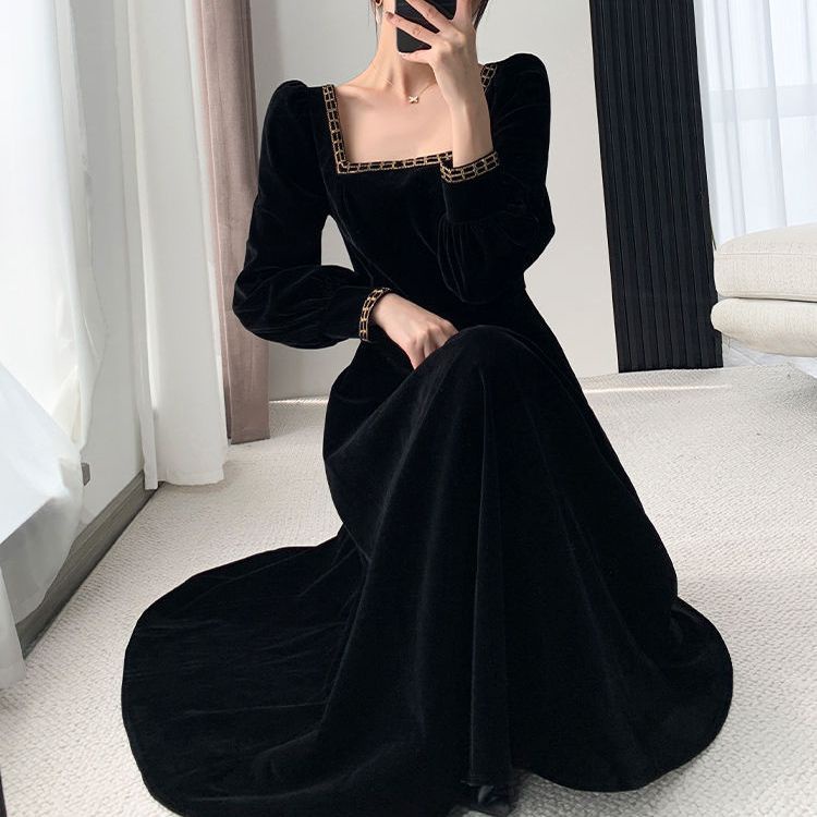 🎀đâm babydoll váy babydoll váy dài Đầm Nhung Đen Dáng Dài Cỡ Lớn Thời Trang Thu Đông Sang Trọng Cho Nữ