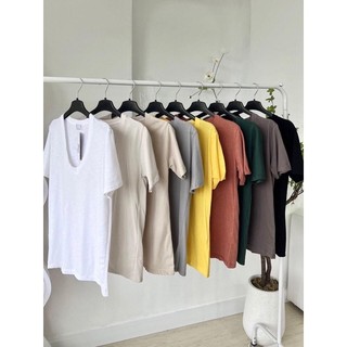 Áo thun xước cotton giấy trơn dáng xuông- áo phông trơn cotton cổ tim