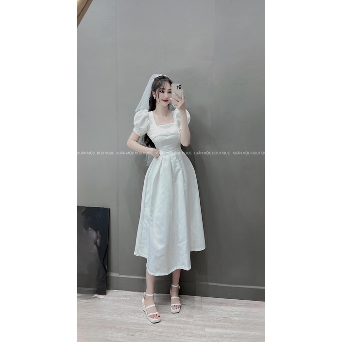 ĐẦM TRẮNG MIDI LẬT NGỰC CHẠY VIỀN HẠT