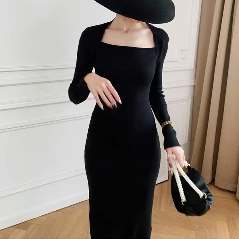 Đầm Sweater Dệt Kim Tay Dài Cổ Vuông Co Giãn Xẻ Tà Kiểu Vintage Pháp Thời Trang Mùa Thu 6 Màu Tùy Chọn