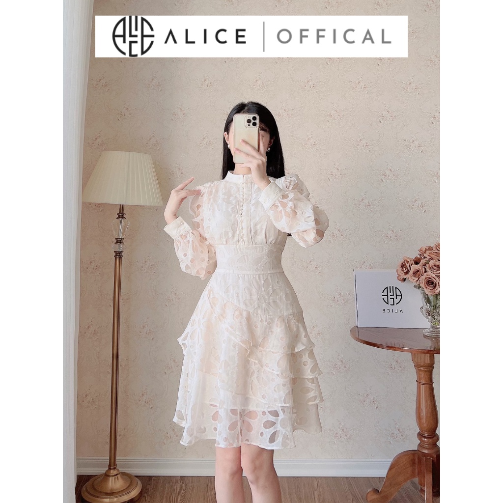 Váy Tiểu Thư Tơ Organza Cao Cấp ALICE Họa Tiết Hoa Thiết Kế Cổ Tàu Dài Tay Dáng Xòe Chiết Eo Nhiều Tầng V882