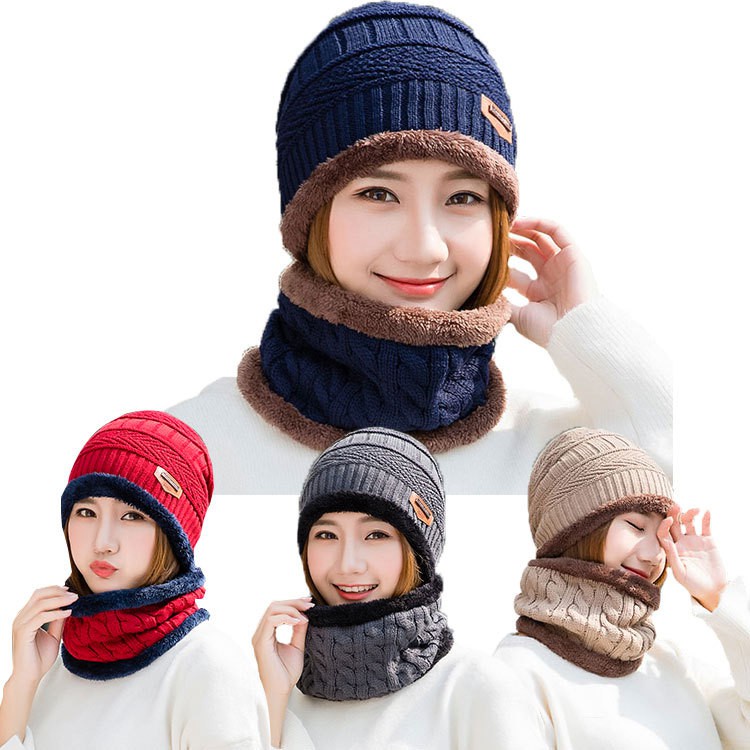Mũ len kèm khăn lót lông nam nữ bộ khăn nón len siêu ấm che mặt che cổ Mùa đông