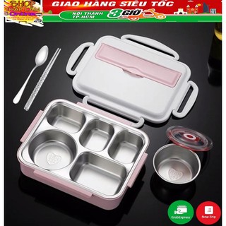 Hộp cơm giữ nhiệt 5 ngăn lõi inox 304 - Tặng kèm bộ muỗng đũa inox - Có Khay Để Điện Thoại