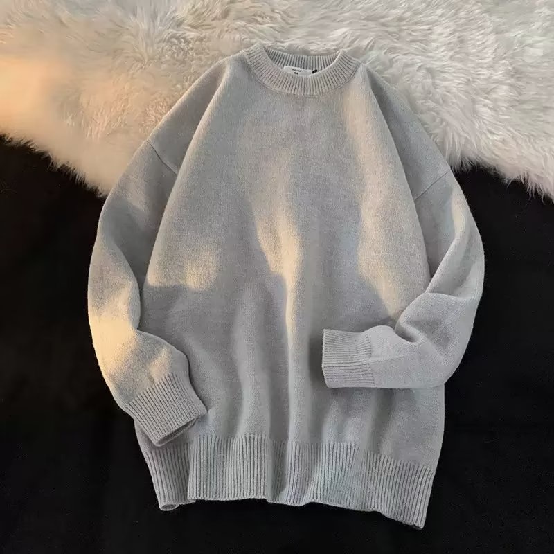 Hattongutto COD OOTD Áo sweater Dệt Kim Chui Đầu Cổ Tròn Dáng Rộng Màu Trơn Đơn Giản Thời Trang Thu Đông Cho Nam