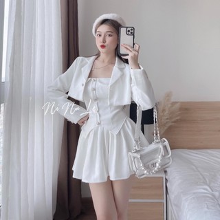Set đầm ống trắng xoè kèm khoác crop vest