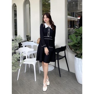 [RÁCH STORE] Đầm Len - 6602 - Cổ Bẻ - Viền Ô - 2 Túi - Nút Vàng