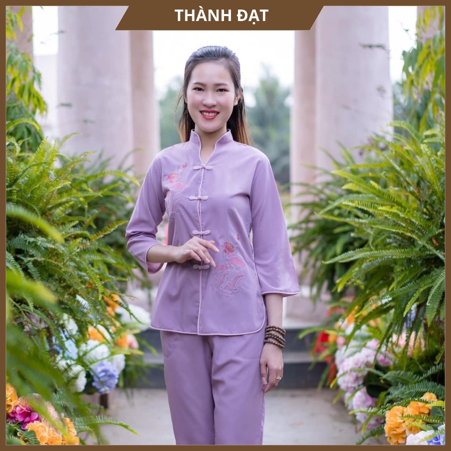 Bộ Đi Chùa Nữ, Đồ Lam Đi Chùa Cổ Tàu Thêu Sen Tím Chất Vải Dày Dặn Mịn Đẹp, Bộ Đi Lễ Mặc Thoải Mái Thoáng Mát_CTTT