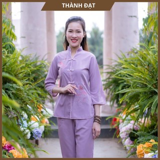 đồ lam nữ, pháp phục lễ chùa, cổ tàu thêu sen tím chất vải dày dặn mịn đẹp, bộ đi lễ mặc thoải mái thoáng mát
