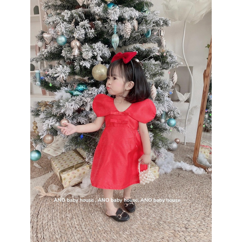 Váy bé gái vải tapta đỏ vai bồng kèm bờm nơ chuẩn ảnh XHN1146